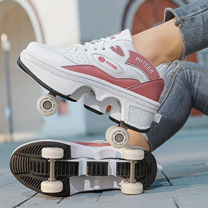 PHTEER 4-Wheel Roller Skates - Stylish Black & White, Lace-Up Design with Four-Wheel Support for Beginners, All-Season Use, Casual & Sports Skating Shoes, Casual Skating Shoes|Stylish Roller Skates|Laceup Skates