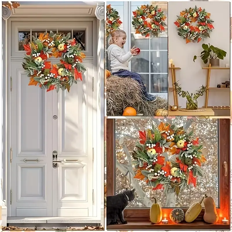 21 Inch Fall Wreath for Front Door, Artificial Autumn Wreath with Maple Leaves, Pumpkins & White Berries, Harvest Thanksgiving Halloween Wreath for Window Wall Home Decor
