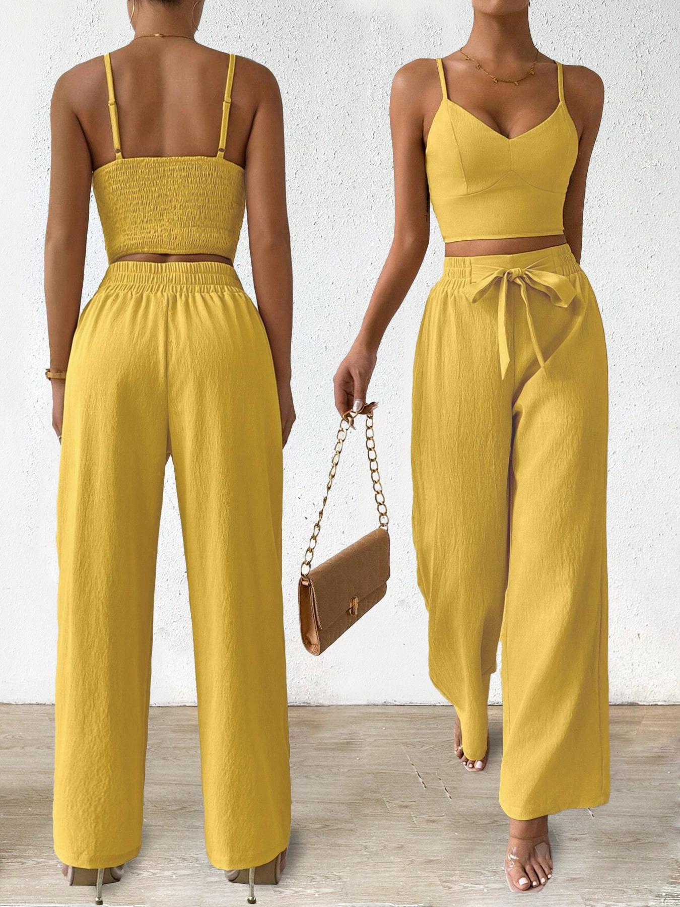 Women's Solid Crop Cami Top & Wide Leg Pants Two-piece Set, Casual Comfy Two Piece Outfits for Daily Wear, Ladies Clothes for All Seasons, Womenswear