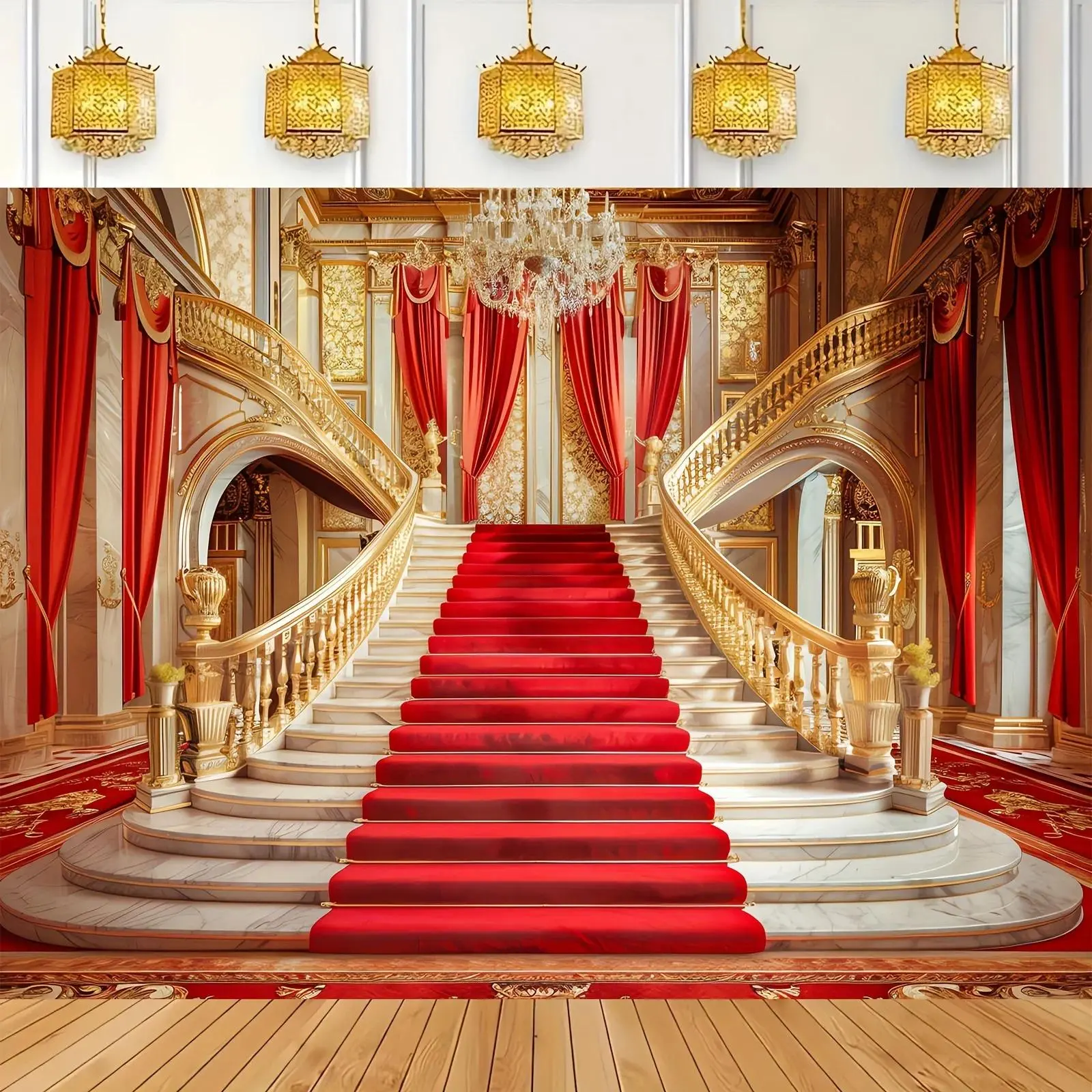 Luxury European Royal Palace Synthetic Tapestry - Red Carpet, Golden Castle Prints, Home Supplies Wall Hanging for Wedding Studio Photography Background, Baby Shower & Anniversary Event Decor
