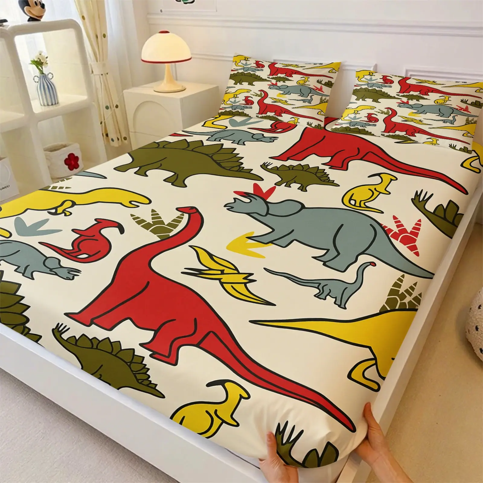 Vintage Cartoon Dinosaur Print Fitted Sheet Set 3 Piece with 2 Pillowcases, Retro Colorful Jurassic Animal Bedding All Size, Soft Breathable Toddler Bed Set, Cute Jurassic Dino Pattern Mattress Cover, Children Dorm & Home