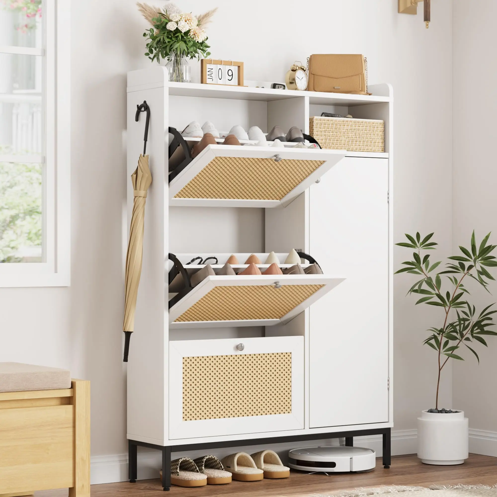 Slim White Rattan Shoe Cabinet with 3 Flip Drawers, 28-36 Pairs Capacity, Adjustable Shelves, Freestanding Hidden Shoe Rack for Hallway