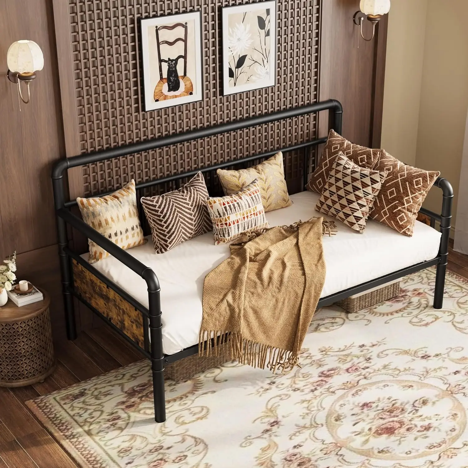 Twin Size Vintage Metal Daybed Frame - Heavy Duty Indoor Bed Frame for Living Room, Guest Room, Vintage Metal Bed Frames