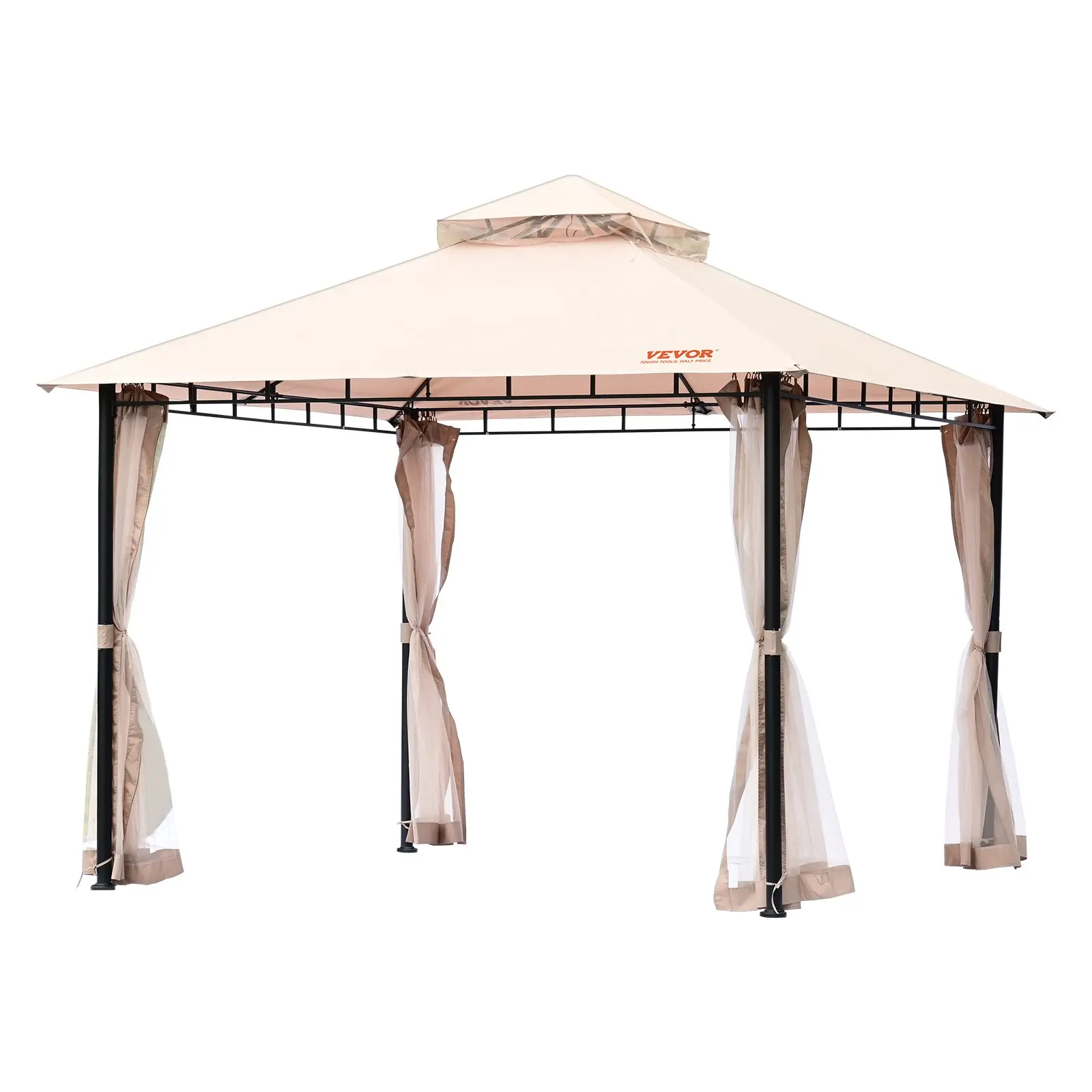 VEVOR 10x10 FT Patio Gazebo, 6-8 Person Outdoor Canopy Shelter with Mosquito Netting, Metal Frame, Waterproof Windproof 180G PU-Coated Polyester Top, for Festival, Camping, Lawn, Deck