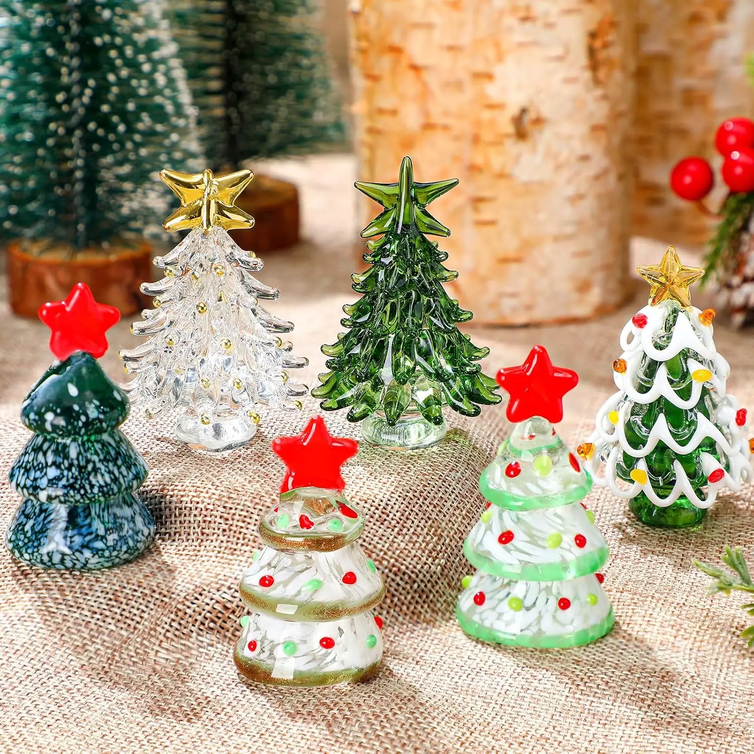 6 count Glass Christmas Tree Figurines 2.4" Mini Green Tabletop |  Miniature with  Topper,  Ornaments for Xmas Party Living Room Mantel, Holiday Table Centerpiece