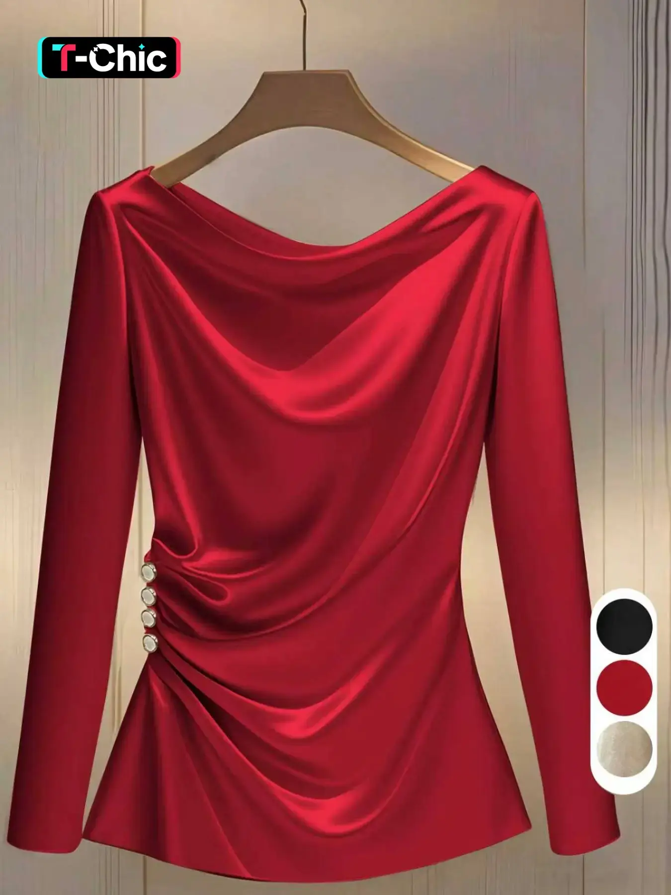 Knitted Glossy Smooth Fabric Side Button Pleated Lapel Top, Lightweight Luxe Commuter Long Sleeve, Multi-Color Solid Pleated Top, Spring & Fall Casual Wear
