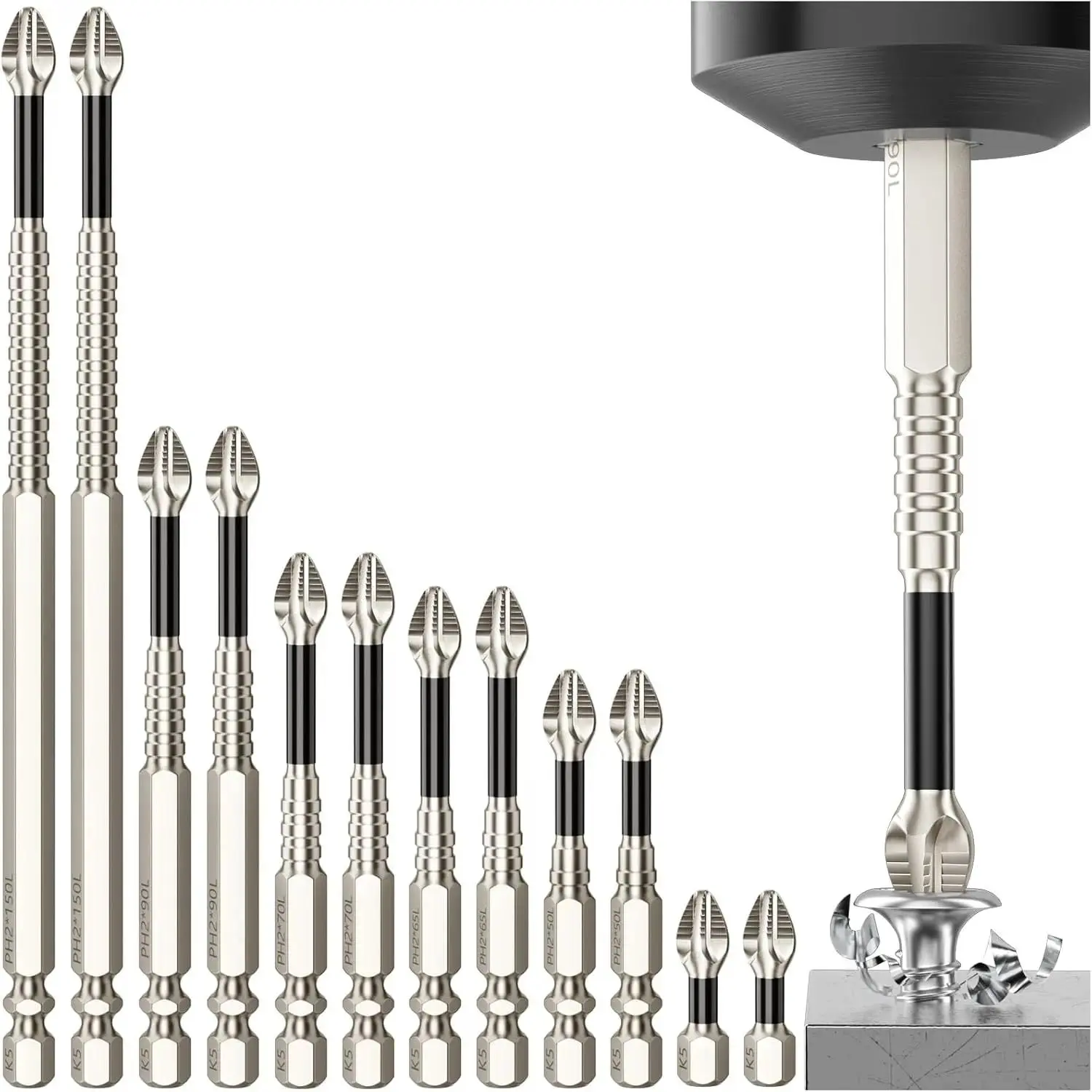 PH2 Magnetic Screwdriver Bit Set - 9 PieceK5 Impact-Resistant  S2 Steel Bits , Non-Slip Electric Screwdriver Bit 1/4" Hex, 25-150mm