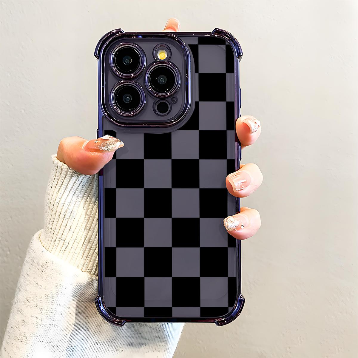 Black Checkered Pattern Phone Case , Electroplated Cover with Airbag Shockproof Slim Soft TPU Cover for iPhone X XS 11 12 13 14 15 16 17 Pro Max Plus Air Stylish