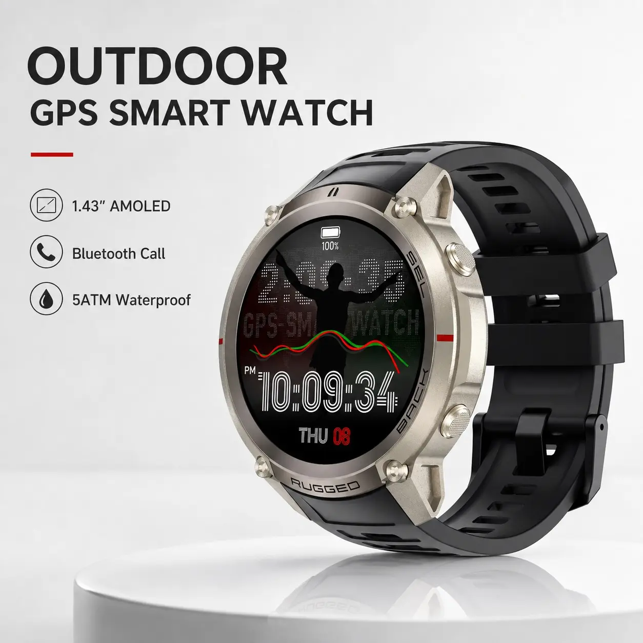 GPS Outdoor Smart Watch for Men Women, Bluetooth Calling Smartwatch with 1.43" AMOLED Display, Offline Maps, Compass, Barometer, Altimeter, Heart Rate Sleep Monitor, 170+ Sports Modes, 500mAh Battery, 5ATM Waterproof Fitness Tracker for Android iOS