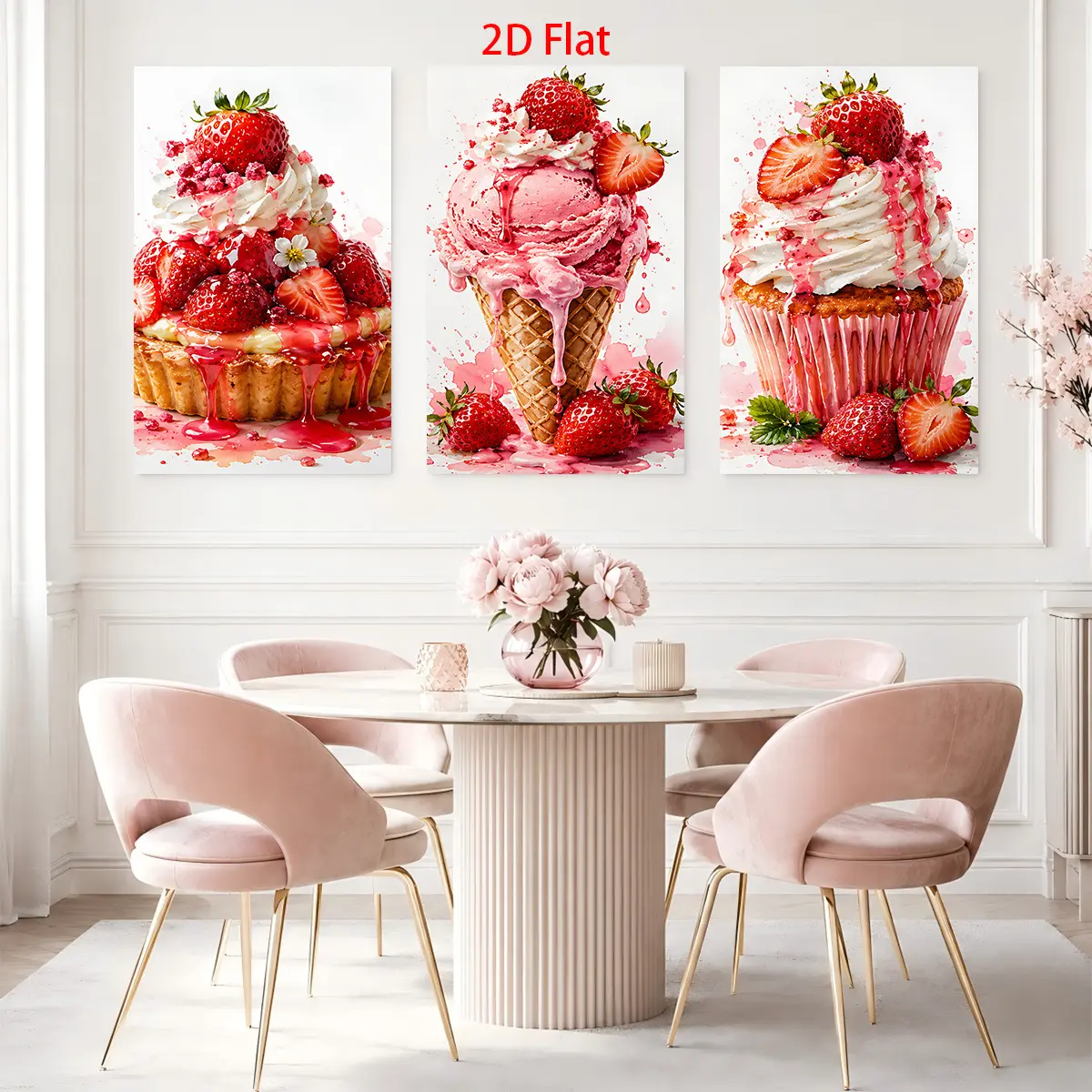 Three-piece 2D canvas painting set - wall-themed strawberry dessert canvas wall art, waterproof canvas print, ready to hang. Suitable for home room decoration, can be used as a gift for Father's Day, graduation, birthdays, Independence Day,Canvas Wall Art