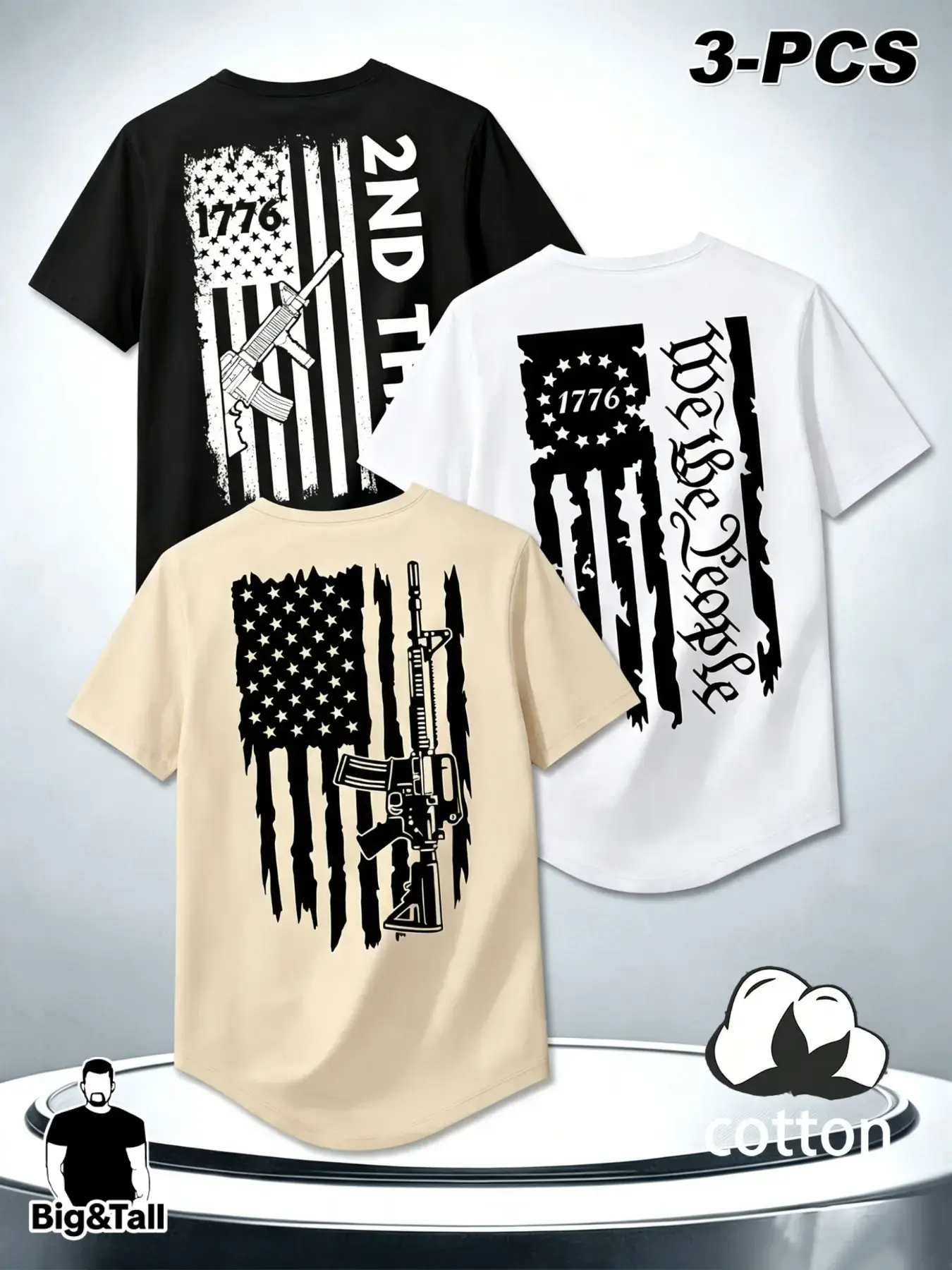 Large Size Men's 3-Pack 100% Cotton Vintage Washed 1776 Usa Flag Print T-Shirts, Casual Crew Neck Loose-Fitting Baggy Long Sleeve Tops, Plain Surface Design