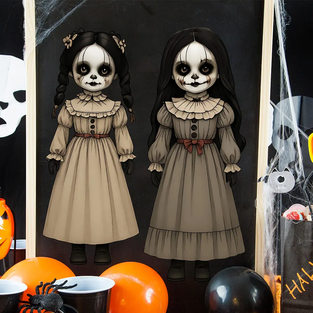 1 Set 2Pcs Creepy Horror Doll Window Clings, Waterproof Removable Self Adhesive Halloween Window Stickers, Gothic Spooky Decor for Home Glass Door Indoor Outdoor Party Layout, Festival Decor Supplies for Halloween Decoration Enthusiasts