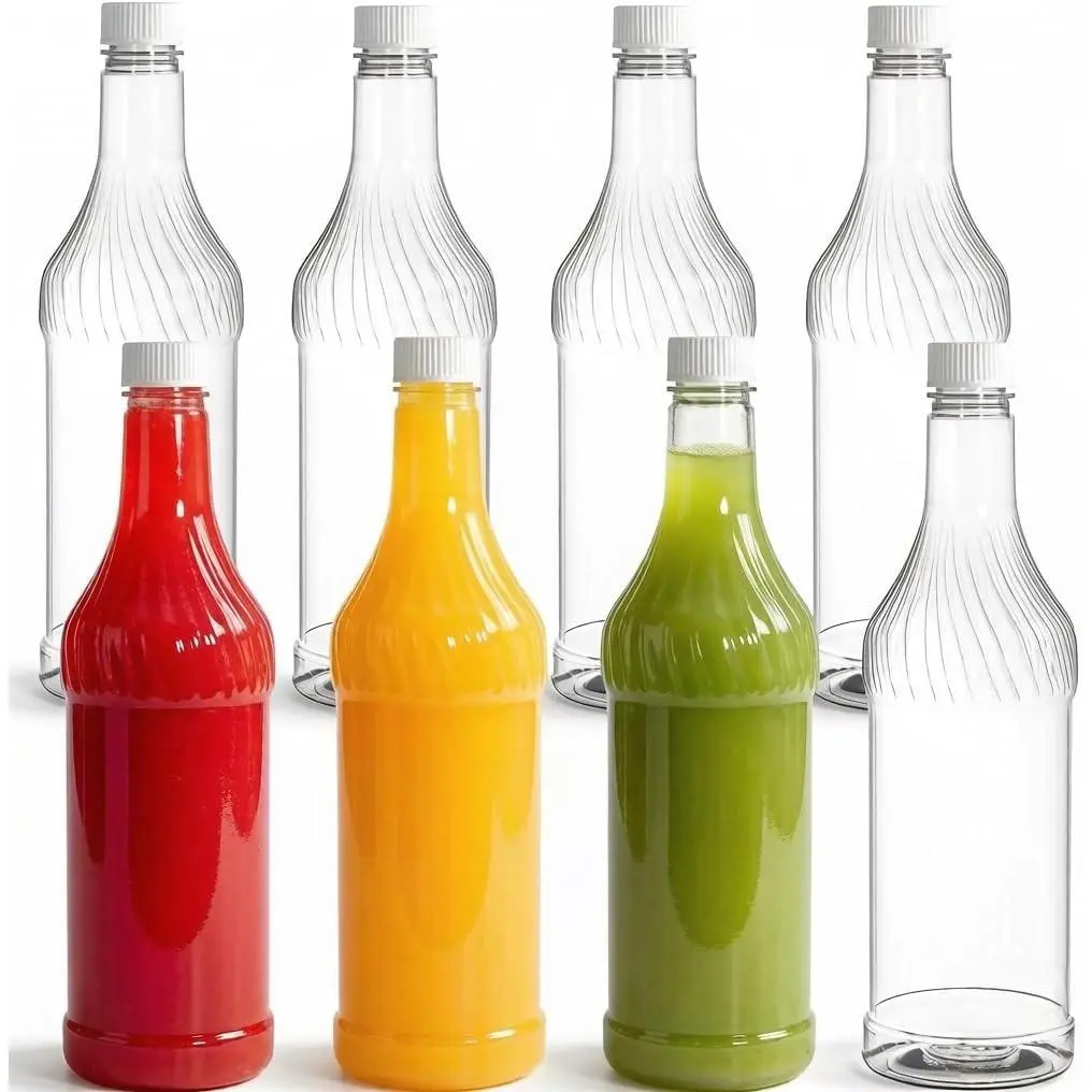 Noamus 8 Pack 33 oz Plastic Soda Bottles with Caps, 1L Reusable Empty Clear PET Juice Container, Disposable Wine Bottles with White Lid for Drinking Beverage Water Liquor Beer Milk Smoothies