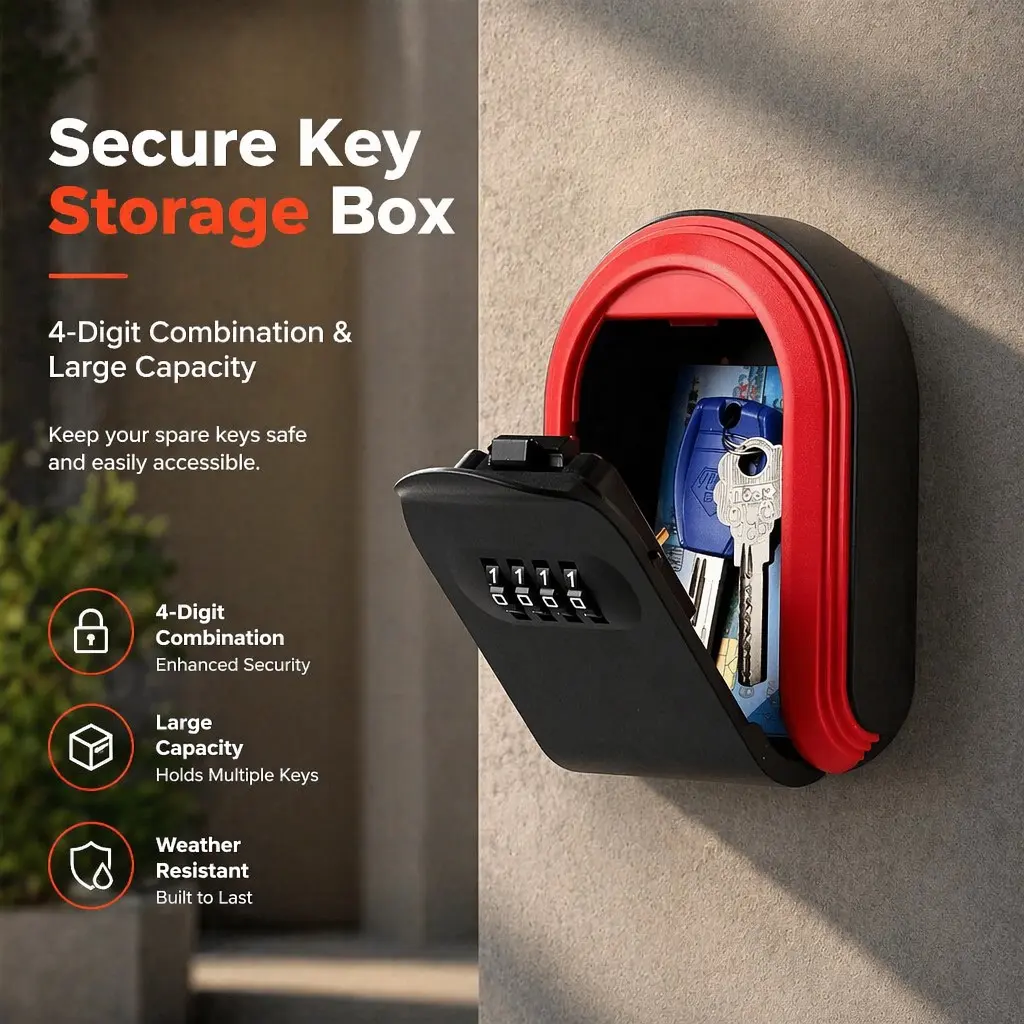 Four-Code Secure Key Storage Box, Waterproof Large Capacity Wall-Mounted Key Safe, Ideal for Home, Airbnb, Rentals, Outdoor Security