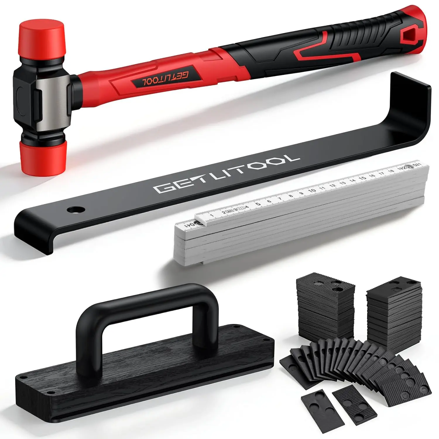 GETLITOOL Laminate Wood Flooring Installation Kit, LVP Wood Flooring Installation Tool with Double-Faced Mallet & Non-Slip Handle, Include Pull Bar/Knock Block/60 Spacers adn Folding Rule campingessentials