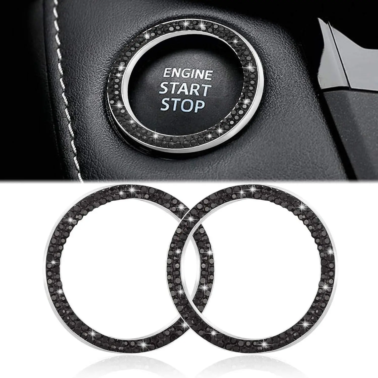 2pcs Bling Crystal Diamond Rhinestone Car Engine Start Stop Push Start Ignition Button Cover Ring, Sparkly Keyless Ignition Ring, Universal Car Interior Accessories, BlackGift