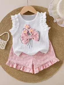 Girls Summer 2 Piece Pastoral Outfit Set 4-7 Years Old, 3D Bouquet Print With Pink Textured Shorts, Hollow Back & Ruffle Trim, Moisture Wicking Flowy Soft Fabric Daily Wear