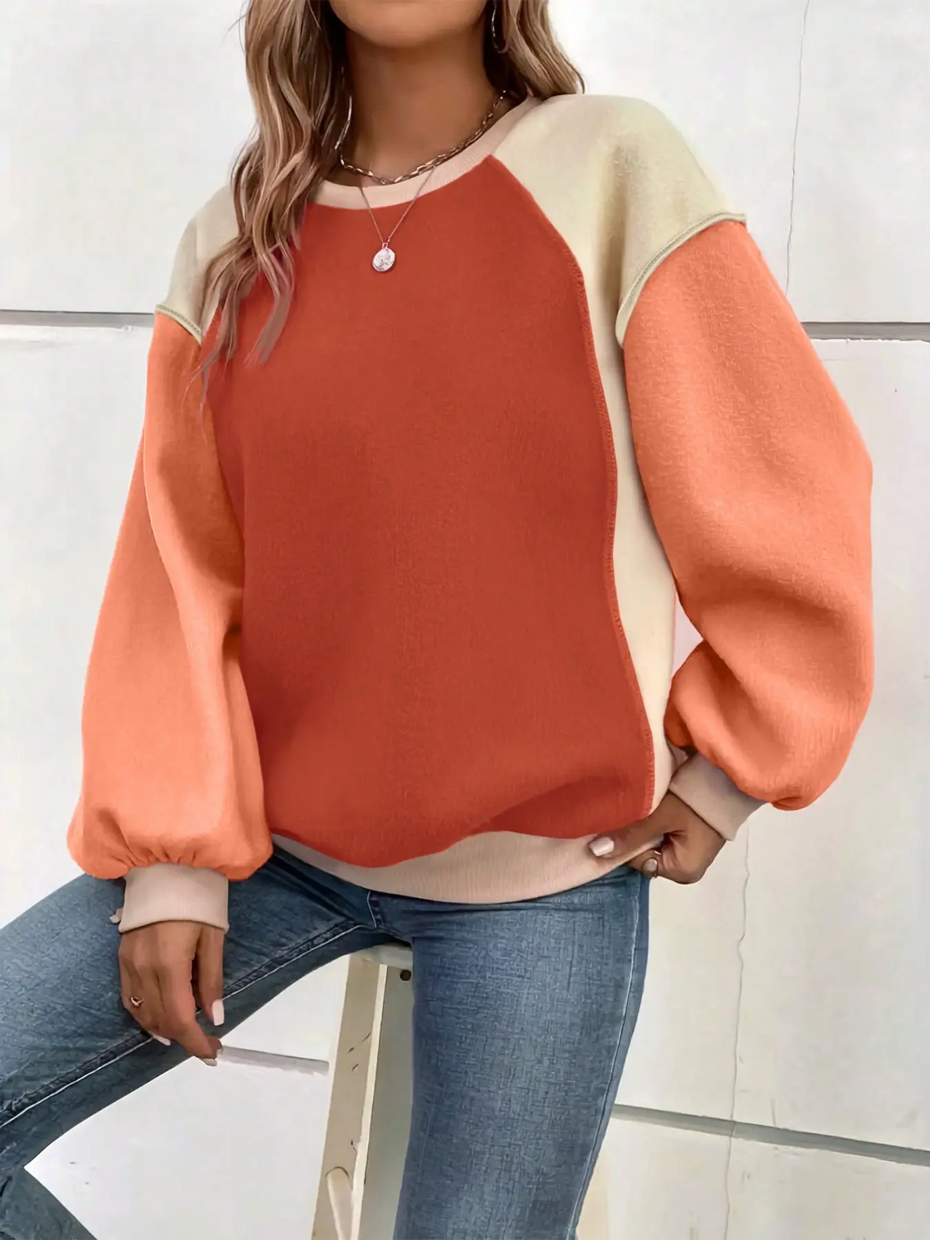 Women's Colorblock Round Neck Sweatshirt, Loose Fit Lantern Sleeve Long Sleeve Drop Shoulder Casual Pullover, Contrast Patchwork Top