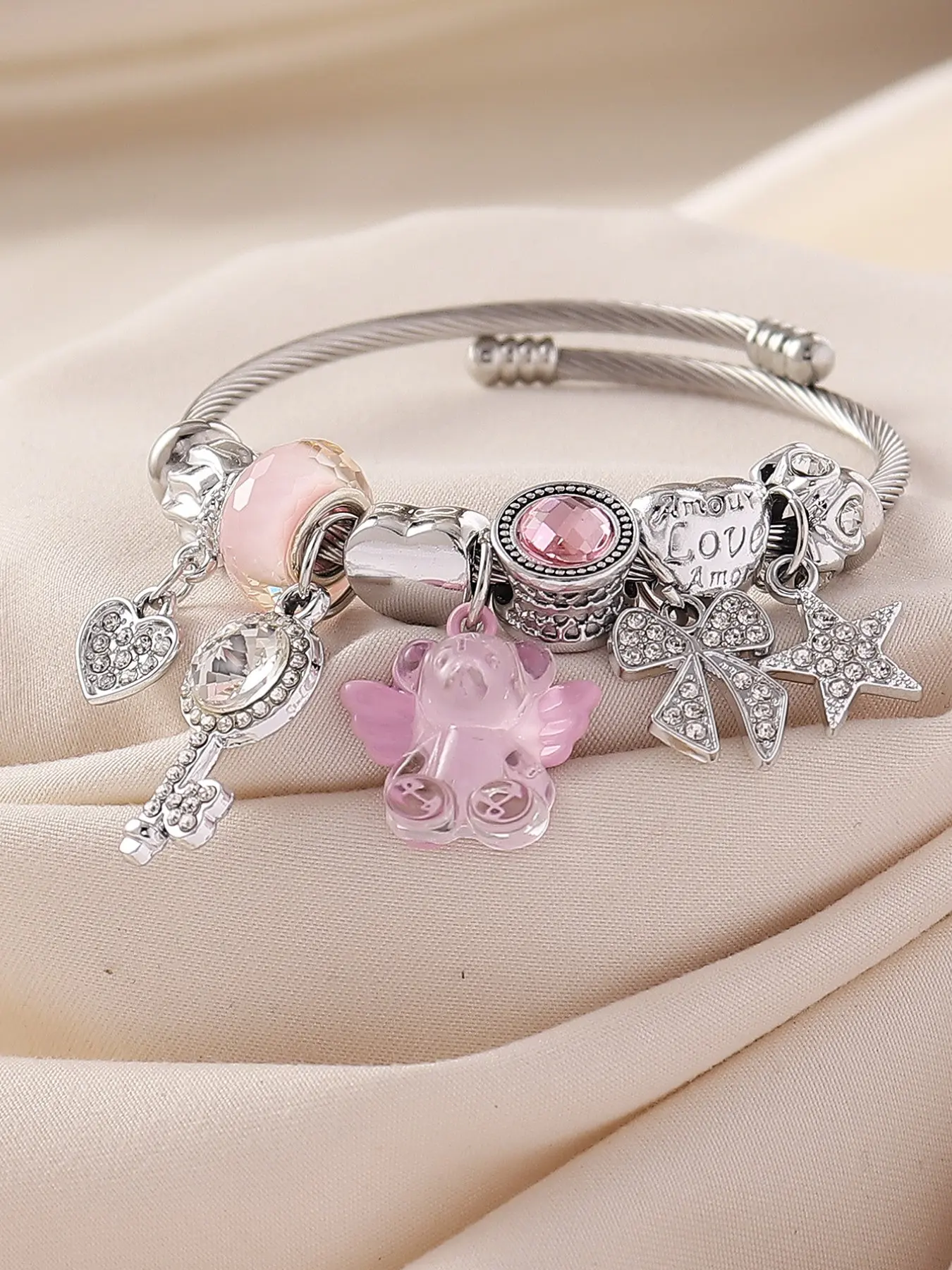 Y2K Elegant Handmade Beaded Bracelet, Stainless Steel Open Cuff, Heart Star Bow Key Angel Bear Pendants, Perfect Gift for Women
