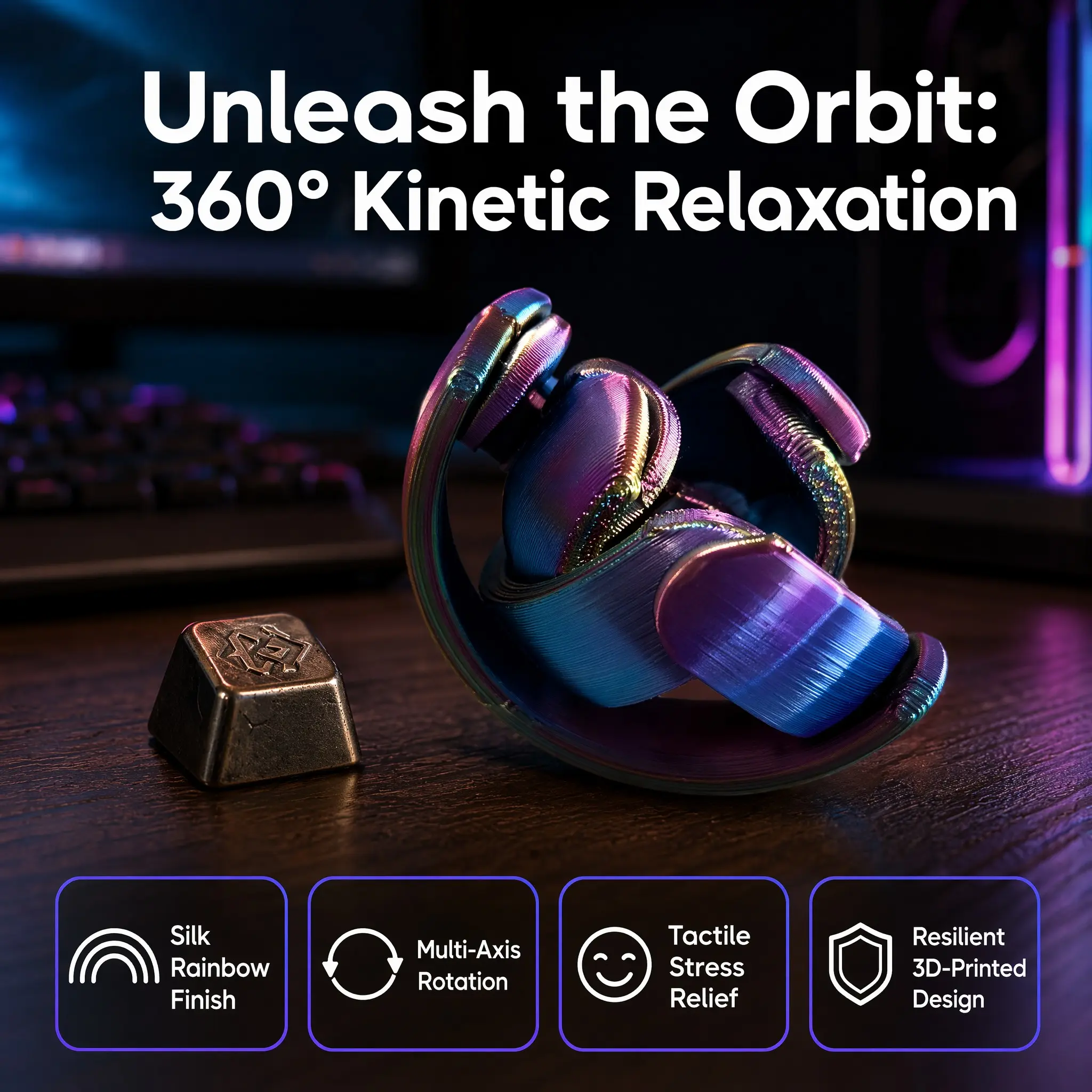 3D Printed Rainbow Orbit Fidget Spinner, Multi Axis Rotation, Stress Relief Decor, Adhd Anxiety Relief, Desk Ornament for Adults
