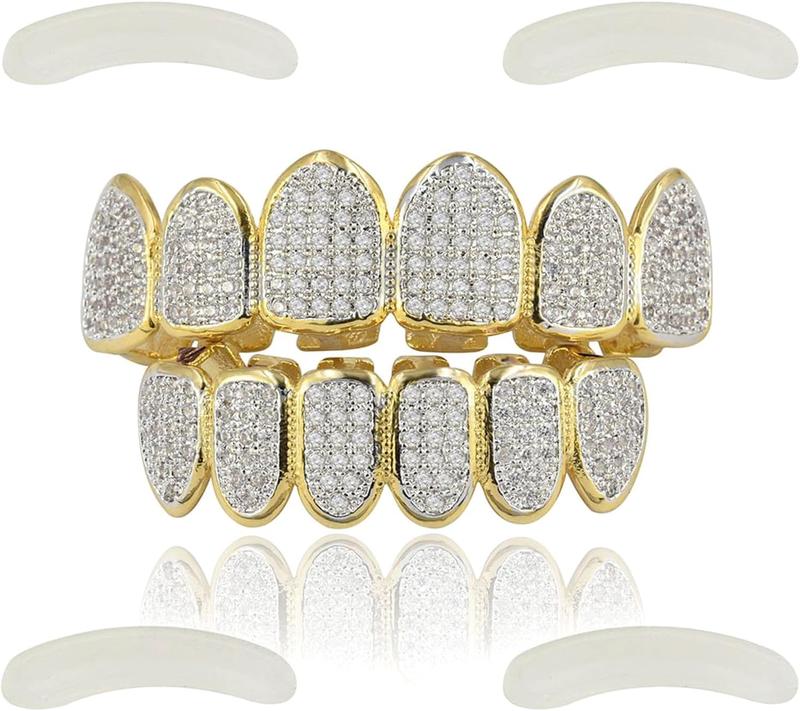 Grills for Your Teeth Simulated Diamond Teeth Grillz with Extra Molding Bars Included 18K Gold Plated Iced Out Cubic Zirconia Teeth for Men Women Silicon Oral Adjustable Silicone