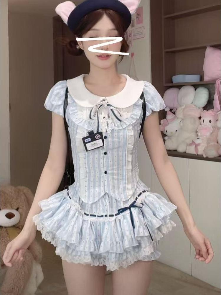 New Preppy Style Sweet Kawaii Blue Lovable Short Skirt Suit Fashion Pretty Slim Long Sleeve Doll Collar Striped Bow 2-piece Set