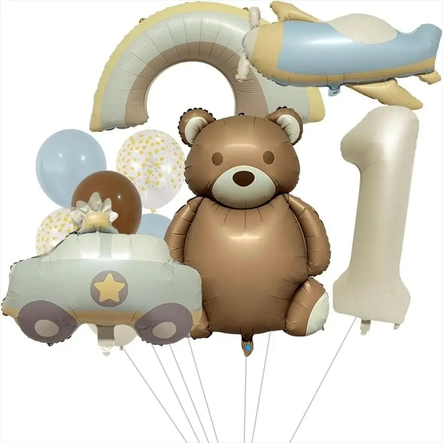 A set Retro Bear Aluminum Foil Balloon Set,featuring cream‑white number balloon, bear, car, airplane，rainbow foil balloons.Perfect for Baby Shower, newborn baptisms, kids’ birthday Party,transportation‑themed gatherings，Kindergarten event decorations