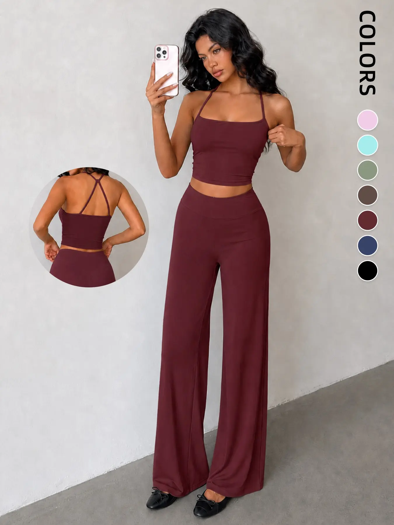 Women's Sportswear Set, Tank Top with Padded Bra and Wide Leg Pants, Plain Yoga Straight Leg Pants, Comfortable Fashion Workout Clothes, Athletic Workout Set