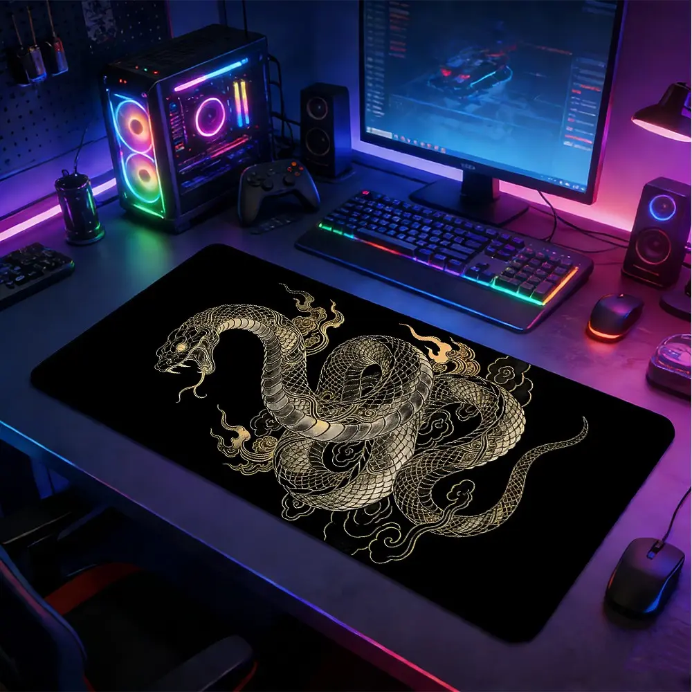 Golden Snake Oriental Art Large-Sized Gaming Mouse Pad, Extended XXL Keyboard Desk Mat, Non-Slip Rubber Base With Precision Stitched Edges, Durable Desktop Cover For Gamers & Office Users, Ideal For Gaming Room, Workspace And Study Desk.