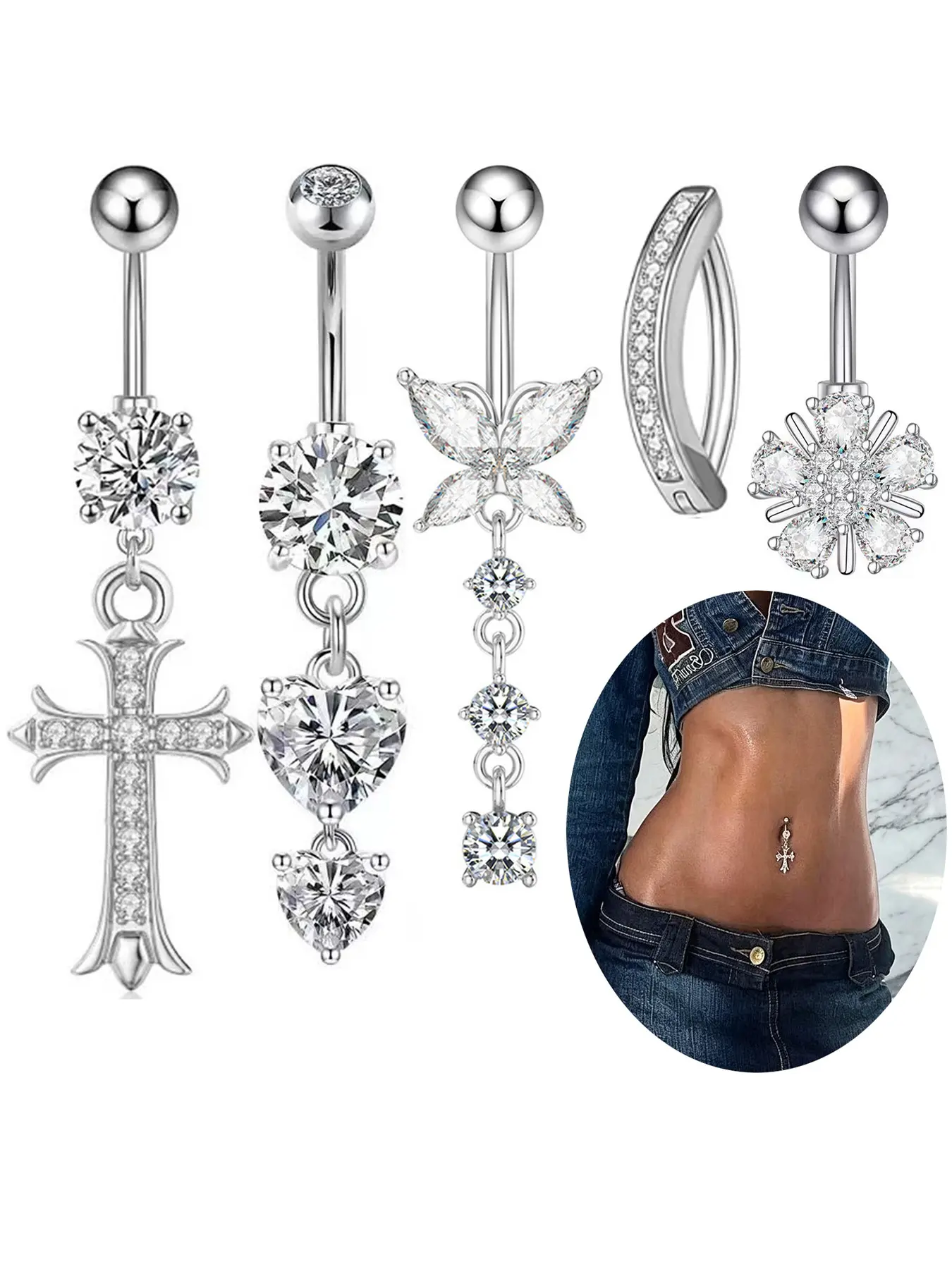 Must-have for Y2K baddies! 5Pcs Stainless Steel Zircon Belly Rings, Snowflake & Heart Short Long Dangle Navel Piercing Jewelry For Trendy