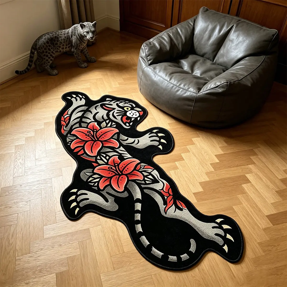 1 grey tiger rug with red lily pattern, Old School-style irregularly shaped rug, non-slip floor mat for living room and bedroom, American vintage home decor rug, Cozy Area Rug, gift.