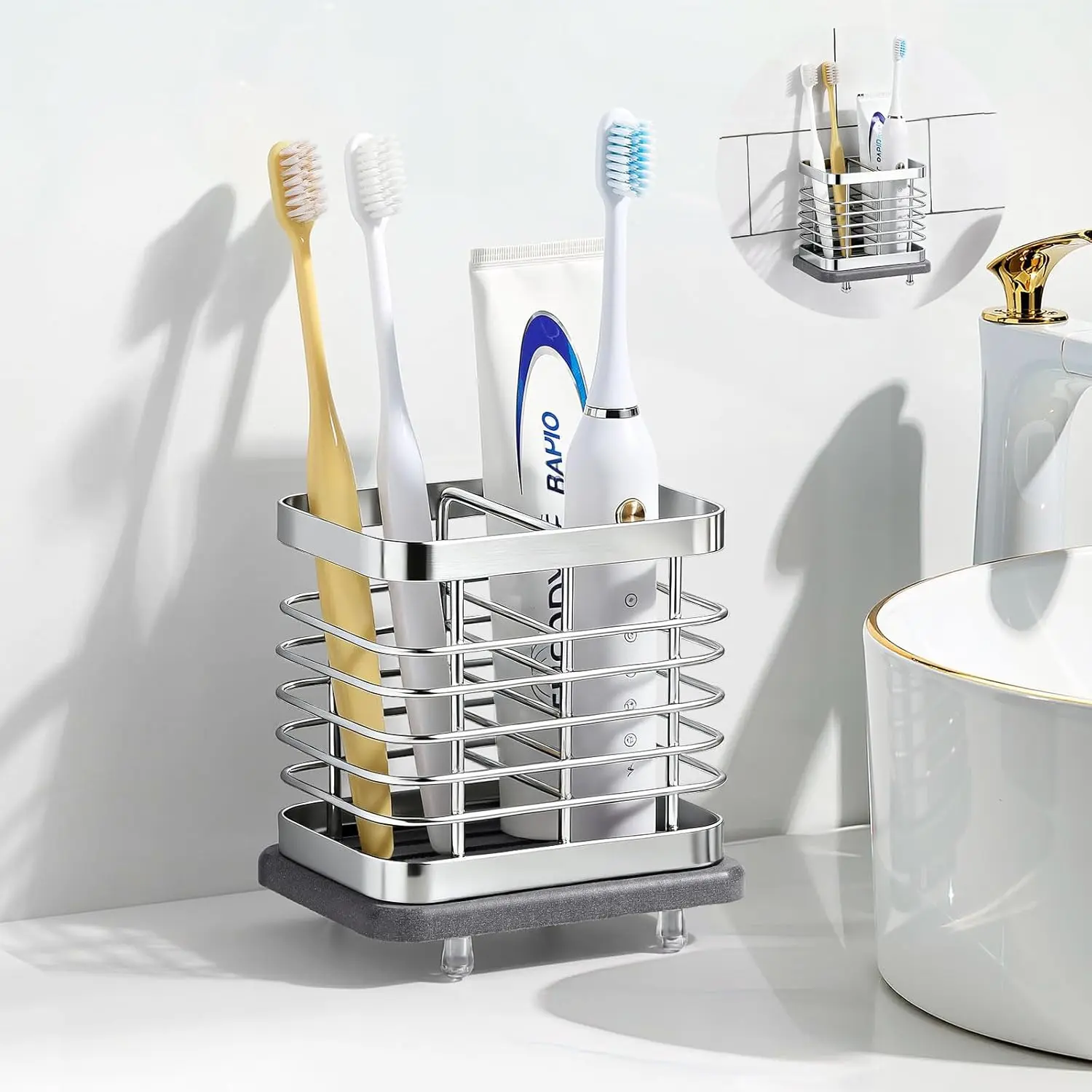 Holder Wall Mounted for Bathroom 2 Slots,  | Stainless Steel   Holder with  Dry Tray, Adhesive and Countertop Bathroom Accessories