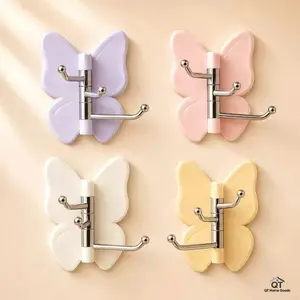 4PC Rotatable butterfly hook, no drilling needed, strong traceless adhesive hook, corner wall-mount hook, coat and hat storage decorative hook, wall organizer, suitable for towels, bags, hats, and keys.