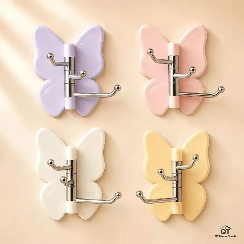 4PC Rotatable butterfly hook, no drilling needed, strong traceless adhesive hook, corner wall-mount hook, coat and hat storage decorative hook, wall organizer, suitable for towels, bags, hats, and keys.