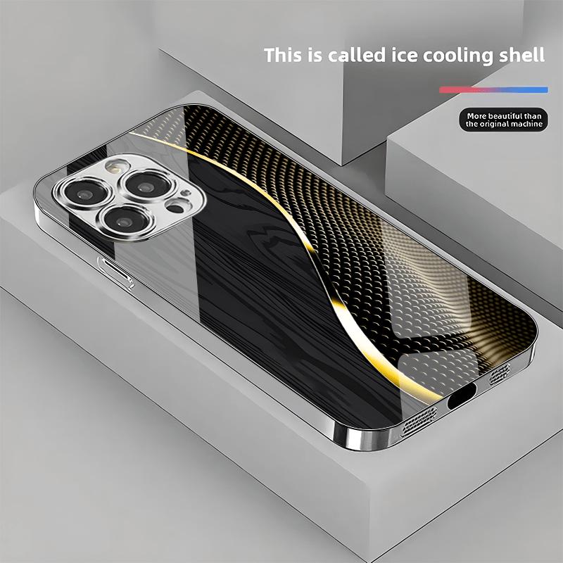 Creative patterned glass phone case, combining wood grain and tech-inspired wave lines, suitable for iPhone 17 16 15 14 13 12 11 pro max