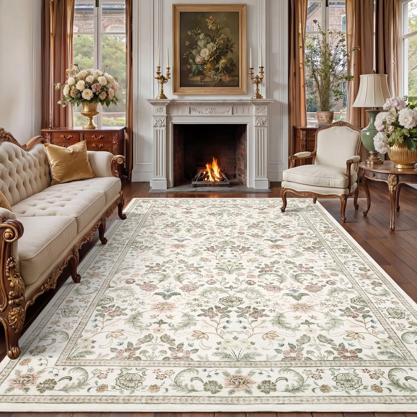 Washable Floral Area Rug, Farmhouse Indoor Carpet with Non Slip Backing, Stain Resistant Floor Mat for Living Room Bedroom