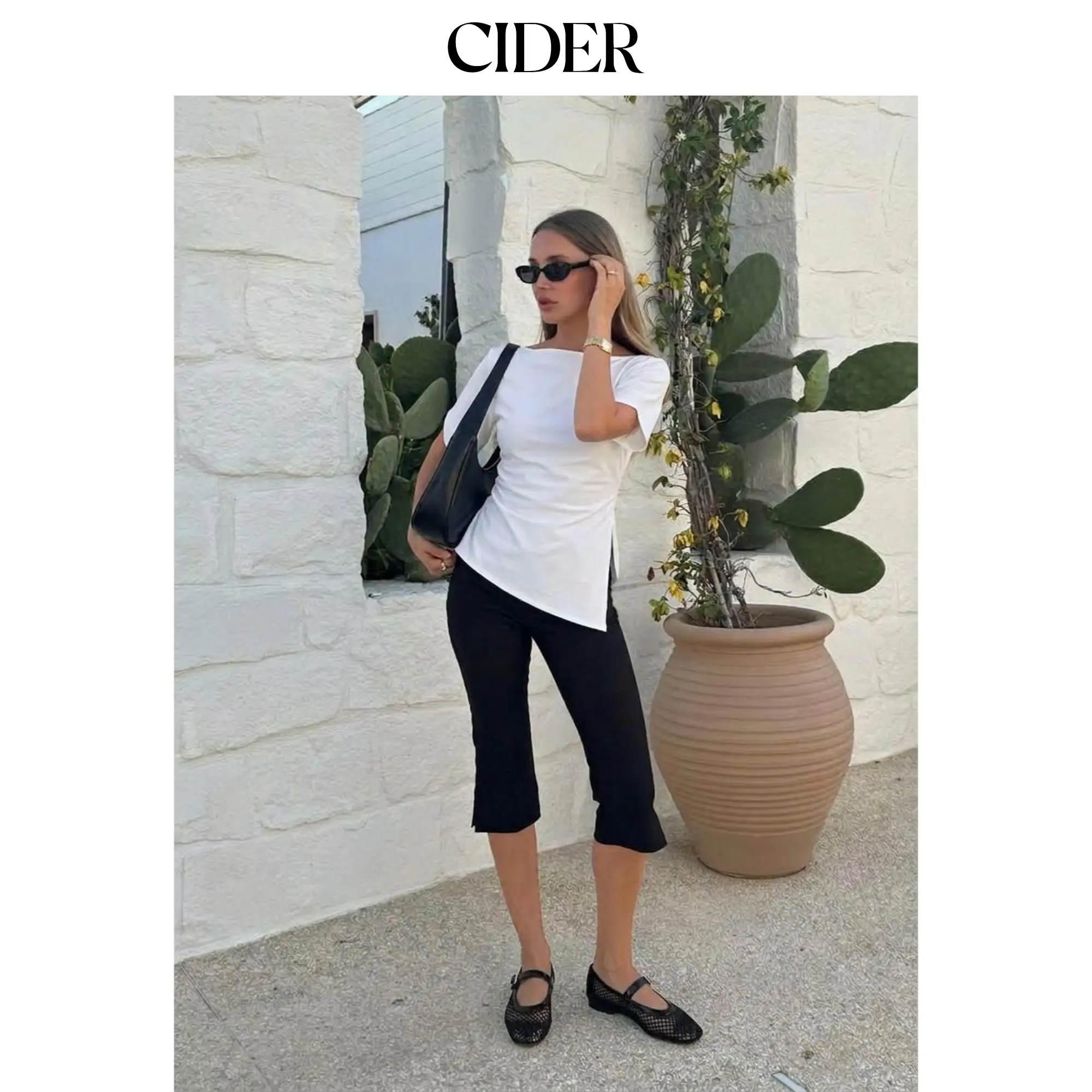Cider Cotton-blend Boat Neck Ruched Asymmetrical Hem Short Sleeve Tee SummerWins SummerFinds