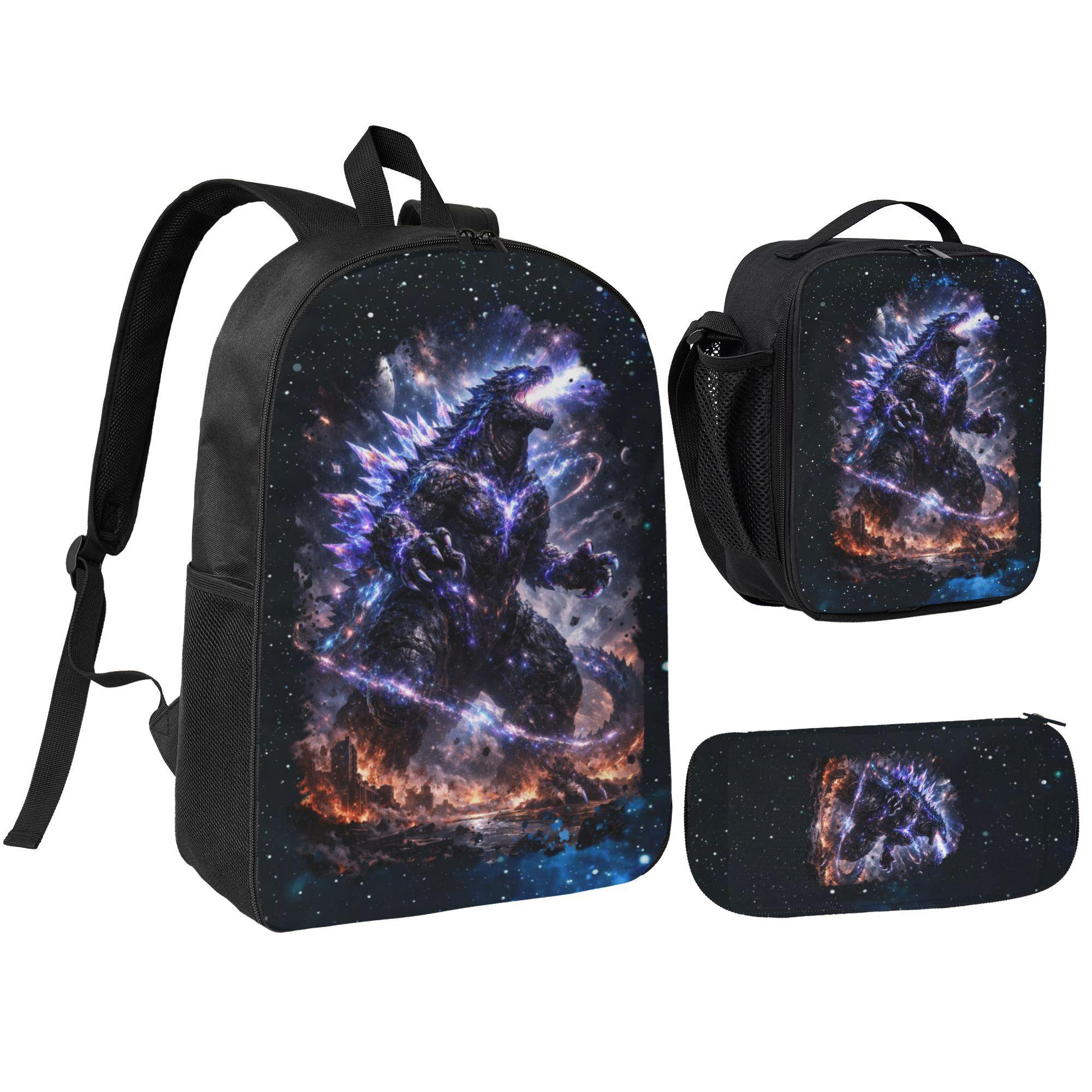 Godzilla Anime Kids' 3-Piece Backpack Set - Polyester Daypack, Lunchbox, Pencil Case, Durable, Stylish Casual School Supplies for Back to School, Printed, Unisex