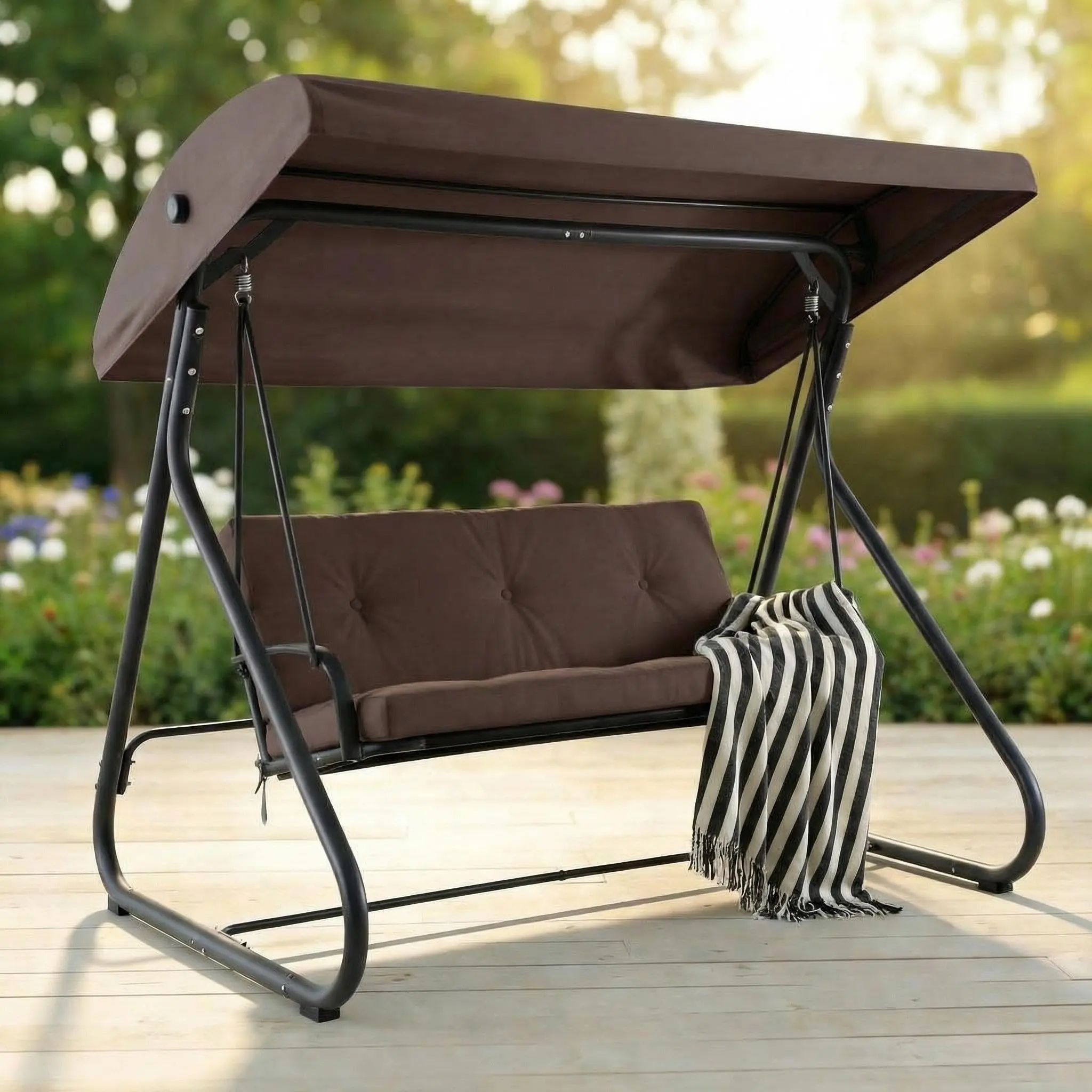 3-Seat Outdoor Swing Chair with Adjustable Canopy, Convertible Bench to Flat Bed, Removable Cushions,750 lbs Weight Capacity