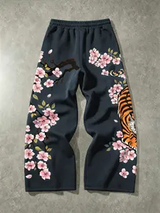 Men's Fashion Casual Straight Leg Pants, Tiger Cherry Blossom Floral Print, Loose-Fitting Streetwear Style, Ideal for Daily Wear