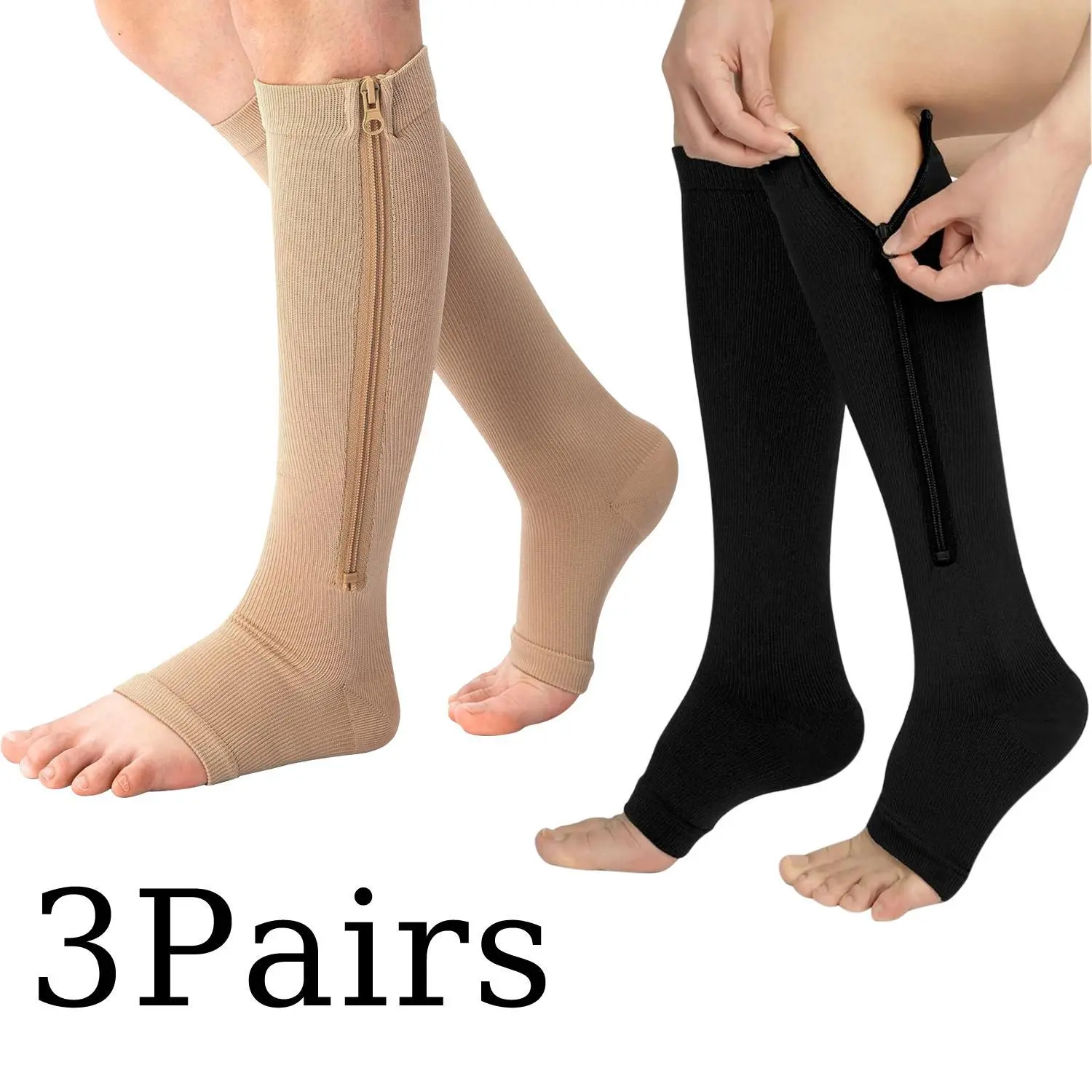 3 Pairs Nylon Zipper Compression Socks - 20-30mmHg Open Toe, Calf & Knee High Graduated Support - Women’s, Male Athletic Training - Multi-Size, L/XL for Running Ankle Leg Comfort