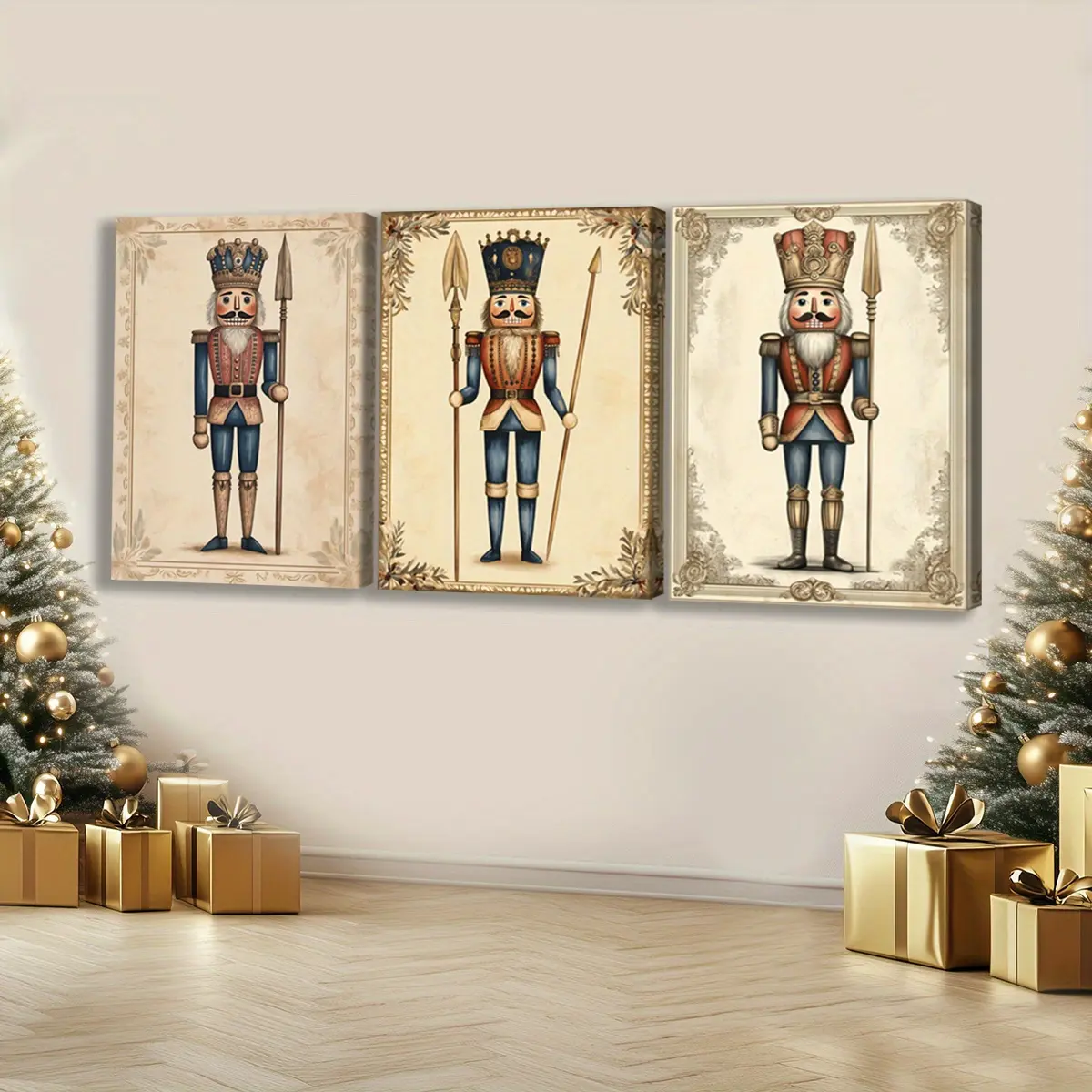 3Pcs Framed 2D Flat Vintage Nutcracker Trio Canvas Wall Art (Clearance), waterproof canvas with hanging accessories, luxury decor for bedroom, living room, bathroom & office, seasonal decor for Halloween, Christmas, winter and summer, elegant gift for him
