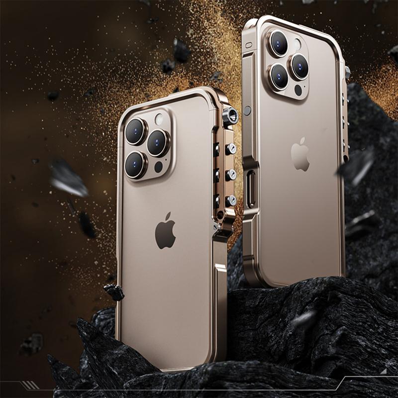 [Free !ship] Full Metal Bezel Bumper Case for iPhone 17 Pro Max16 Pro Max 17 Pro 16 Pro 16 15 14 13, Full-Frame Armor Aluminum Alloy Bumper No Back Cover, Punk armor style, Mechanical Screw Button Design, Minimalist Bare-Hand Feel Fit Lightweight
