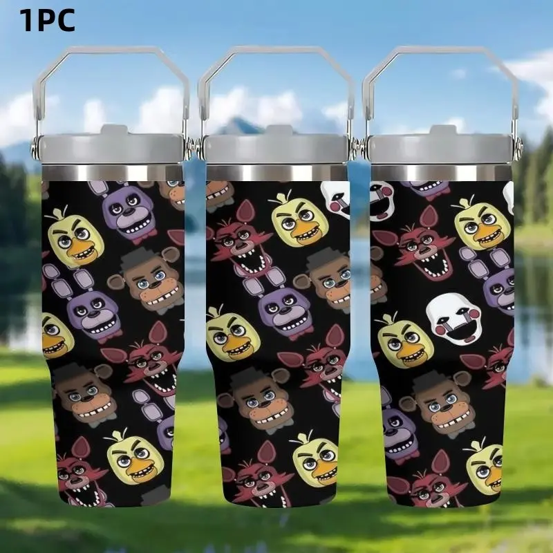1pc 30oz Stainless Steel, Double Wall Insulated Mug, Five Nights at Freddy's, Cute Character All-Over Print Outdoor Water Bottle, with handle and straw, car mug, Insulated Vacuum Tumbler, personalized gift
