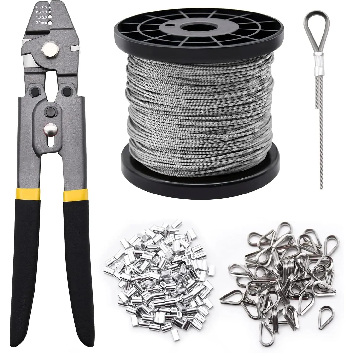 Stainless Steel Heavy Duty Crimper Set - 328ft 1/16" Wire Rope, Self-Locking Hand Tool for Railing Deck, Rigging Tasks