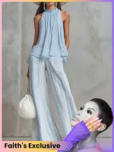 【Faith's Exclusive】Casual Vacation Style Round Neck Sleeveless Top with Striped Wide Leg Pants Set, Comfortable and Stylish