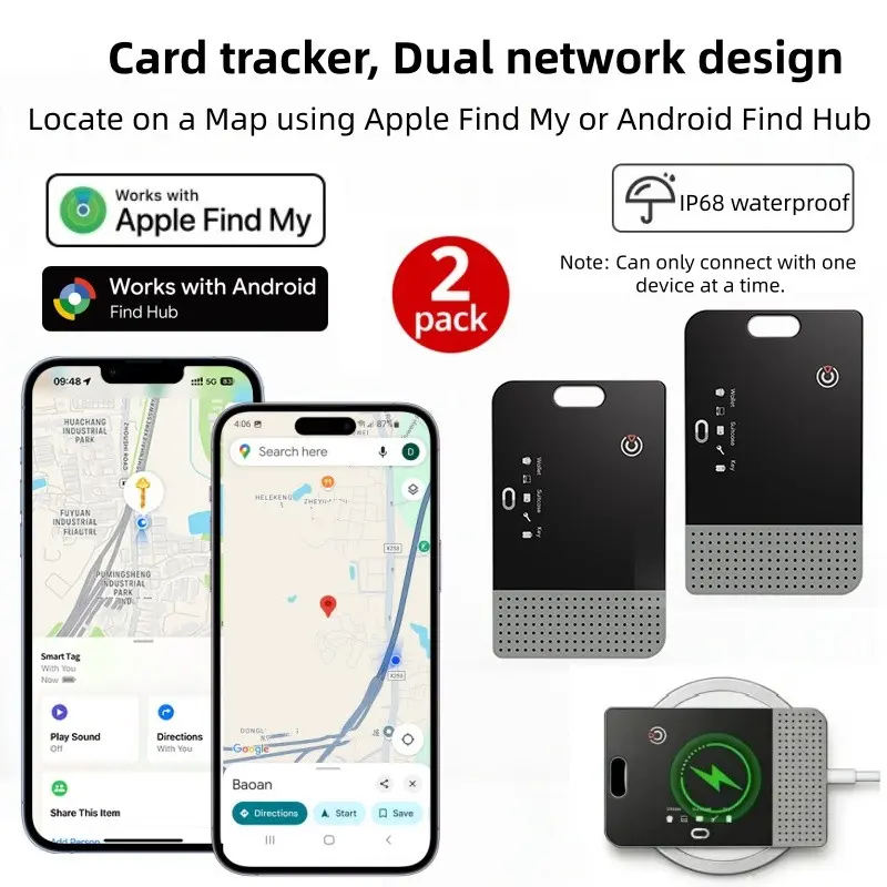 1/2-Pack Key Smart Tag, Wallet Tracker Card, Smart Tracking Tag, Dual Network, Compatible with Apple Find My, Google Find HUB, Rechargeable GPS, IP68 Waterproof
