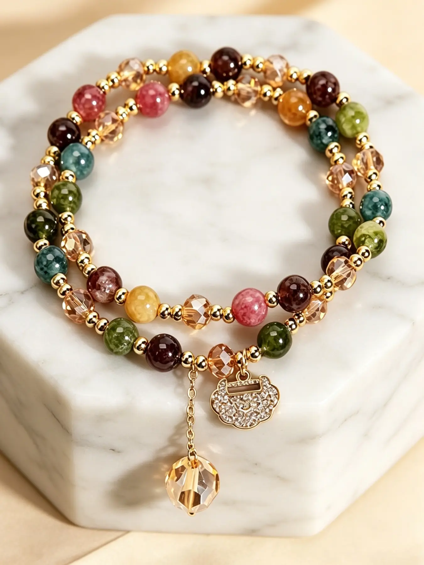 A fashionable double circle colored tourmaline bracelet, suitable for daily wear, vacation and dating occasions, and also a surprising and exquisite small gift.