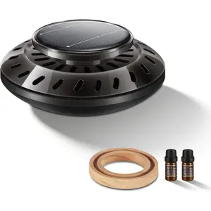 UFO Solar Car Air Freshener, Rotating Dashboard Decorations for Car Interior, Funny Air Freshener Car Accessories with Wooden Aroma Ring (Black)