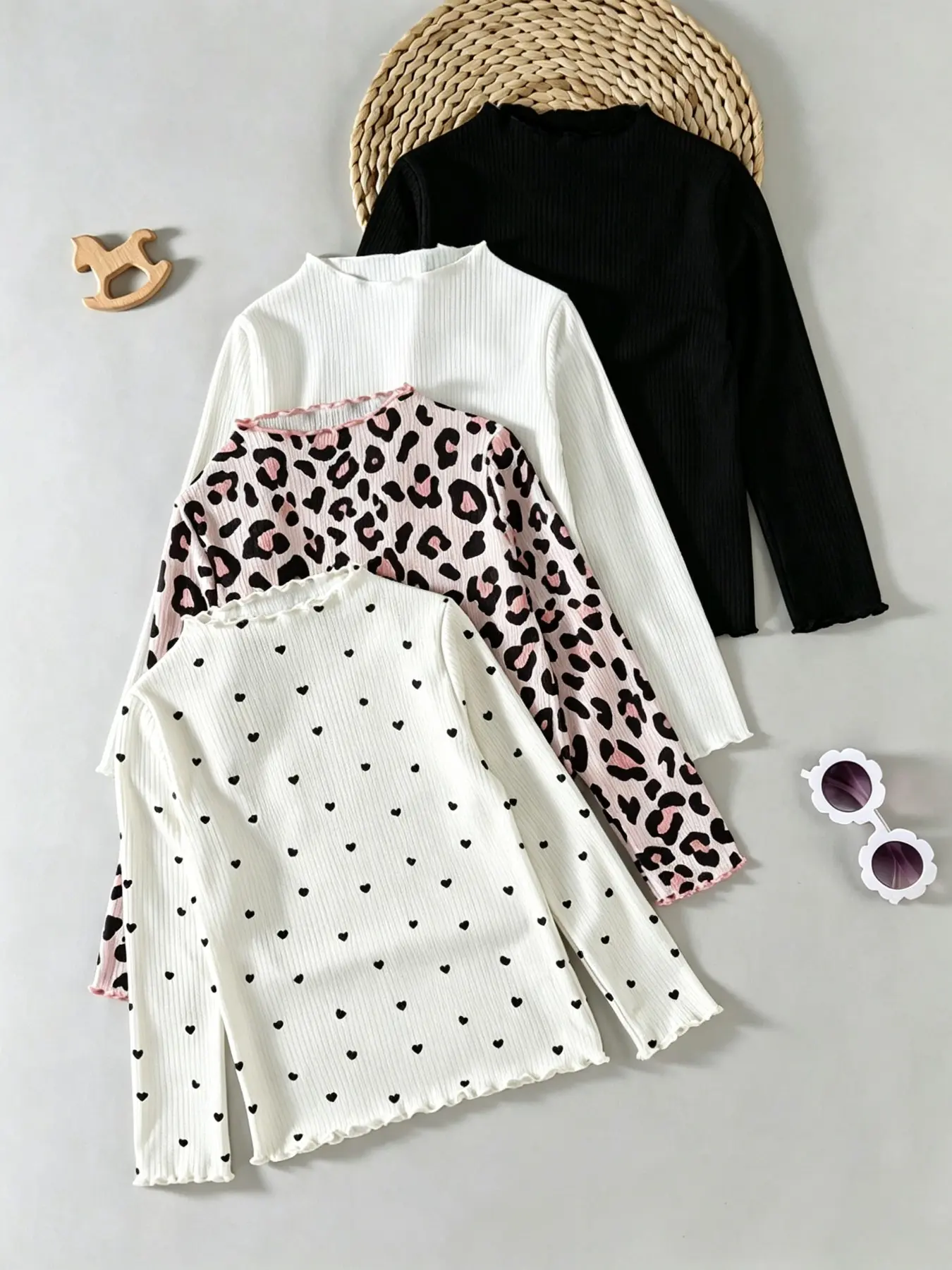 Girls' 4-Piece Knit Long Sleeve Set, Soft Elastic Breathable, Wave Ruffle Fake High Neck, Leopard Print, Heart, Fall Wear